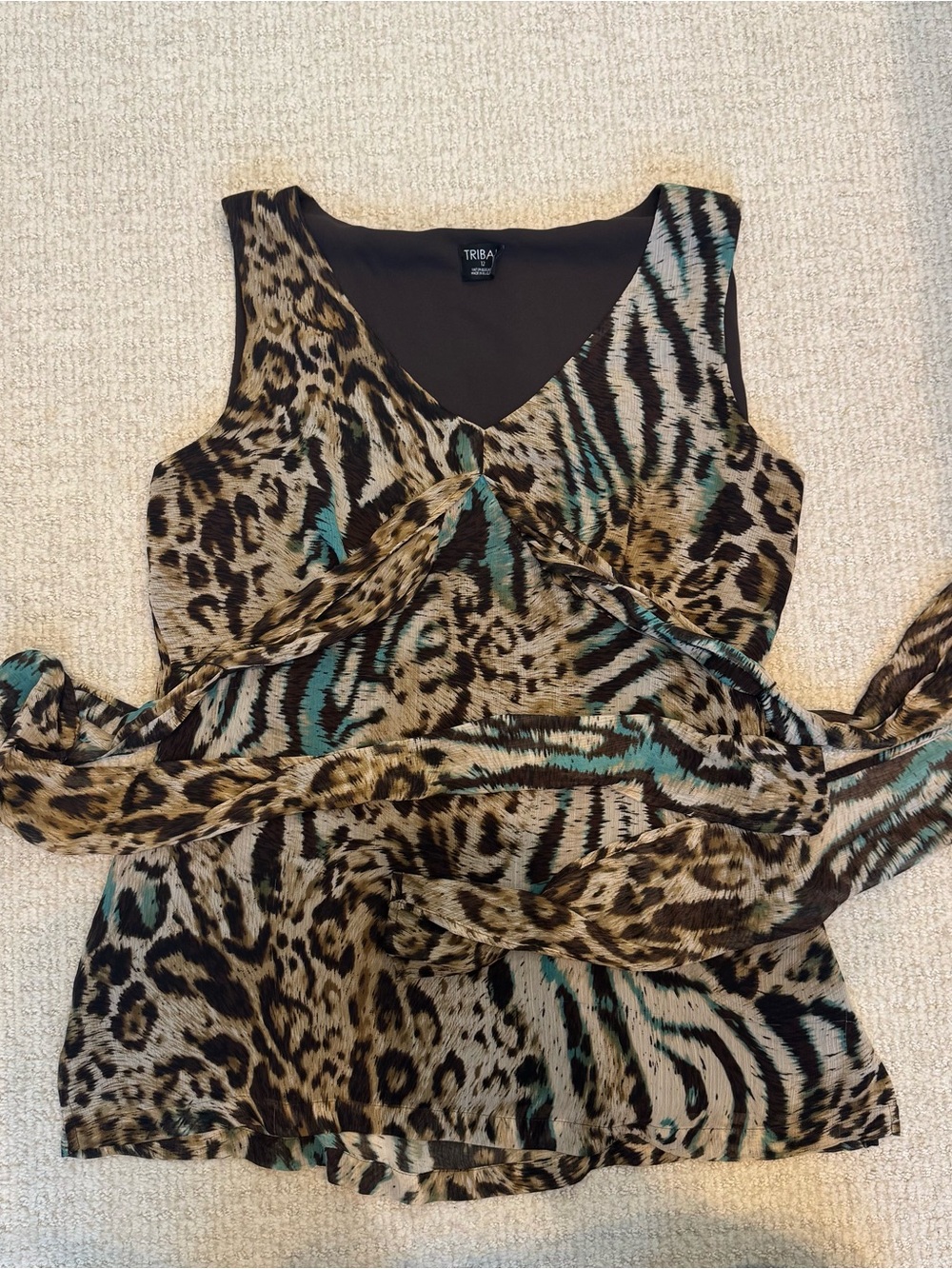 Tribal size L Y2K Brown and Teal Animal Print Sleeveless Wrap Camisole